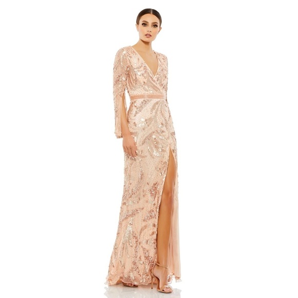 Mac Duggal 5222 NWT SEQUINED FAUX WRAP SPLIT LONG SLEEVE GOWN